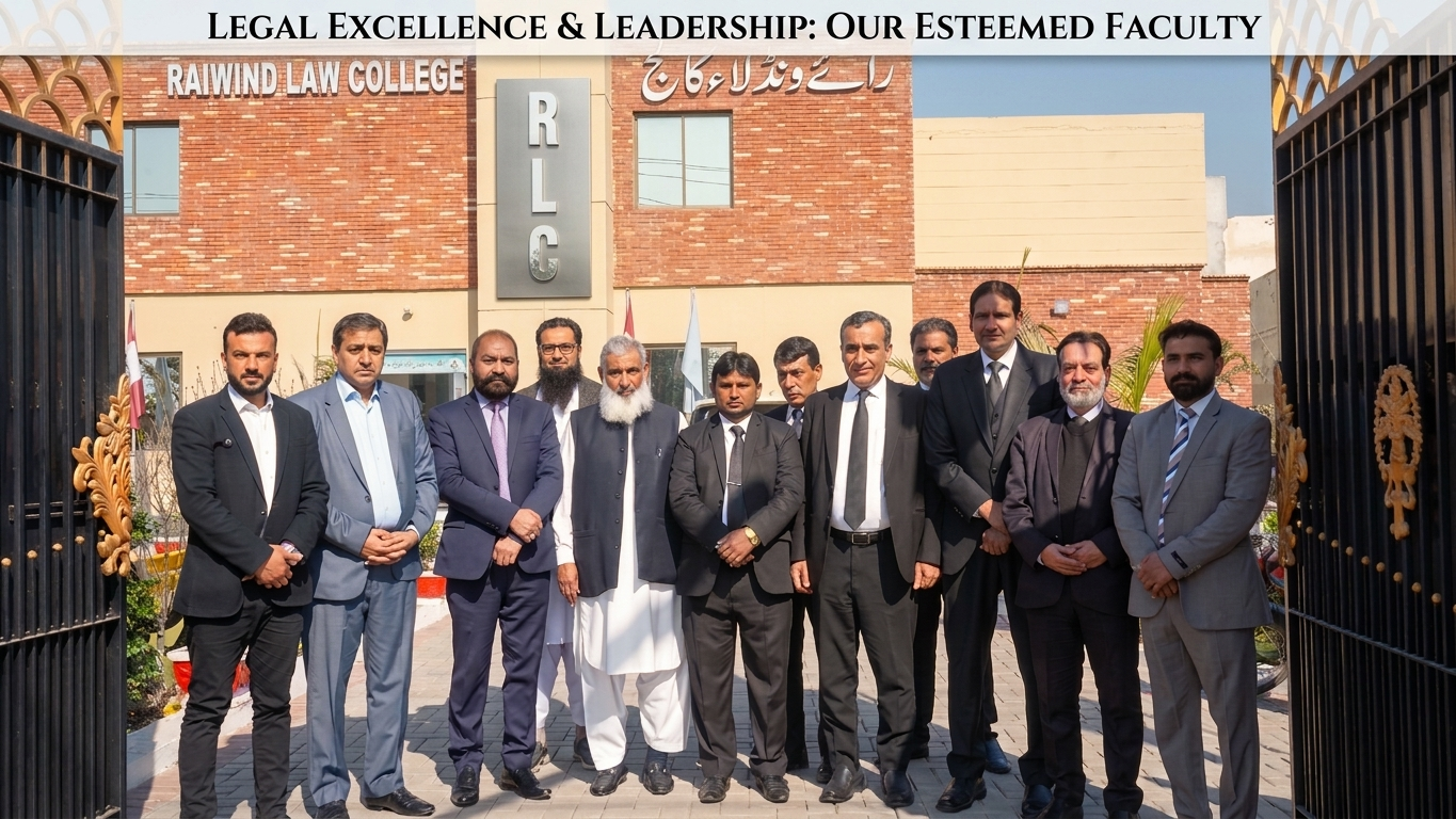 Raiwind Law College faculty and leadership standing at the campus main entrance gate under the RLC sign.