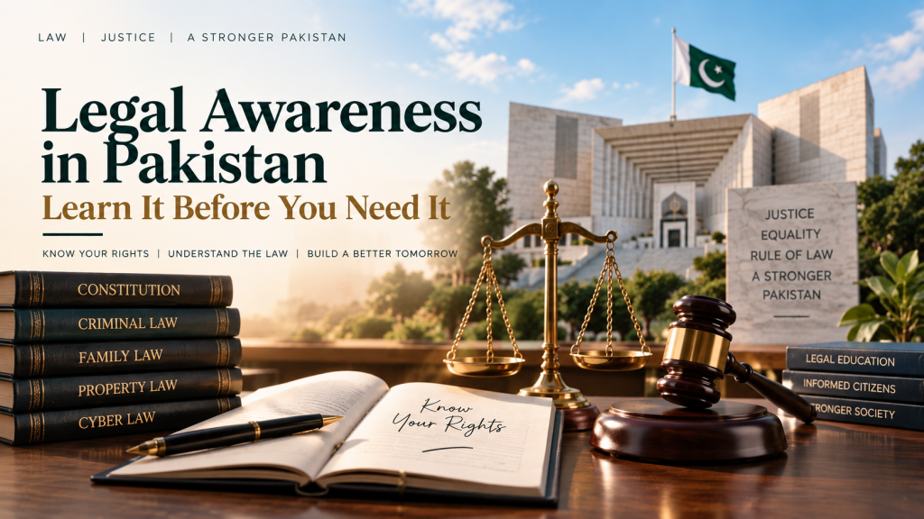 Legal awareness in Pakistan blog cover image featuring scales of justice, law books, and the Supreme Court building